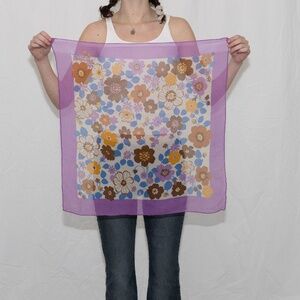Vintage silk flower print scarf purple square scarf